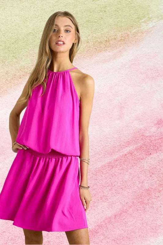 ADORA HALTER NECK SMOCKING WAIST DRESS IN PINK