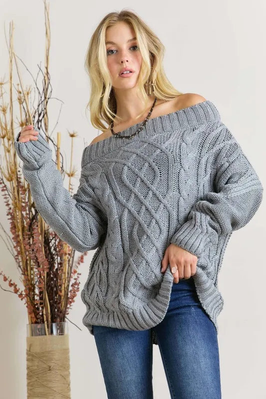 ADORA CABLE KNIT OFF SHOULDER SWEATER IN GRAY