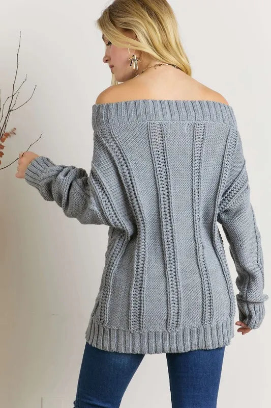 ADORA CABLE KNIT OFF SHOULDER SWEATER IN GRAY