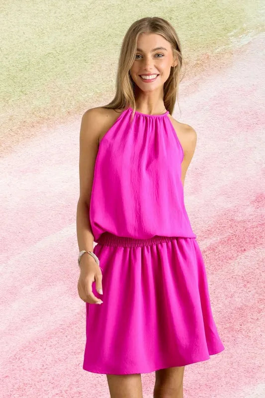 ADORA HALTER NECK SMOCKING WAIST DRESS IN PINK
